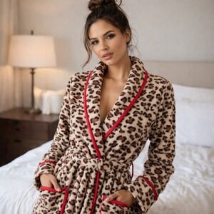 Frederick's of Hollywood Leopard Print Plush Robe Pinup Glam Lounge S/M